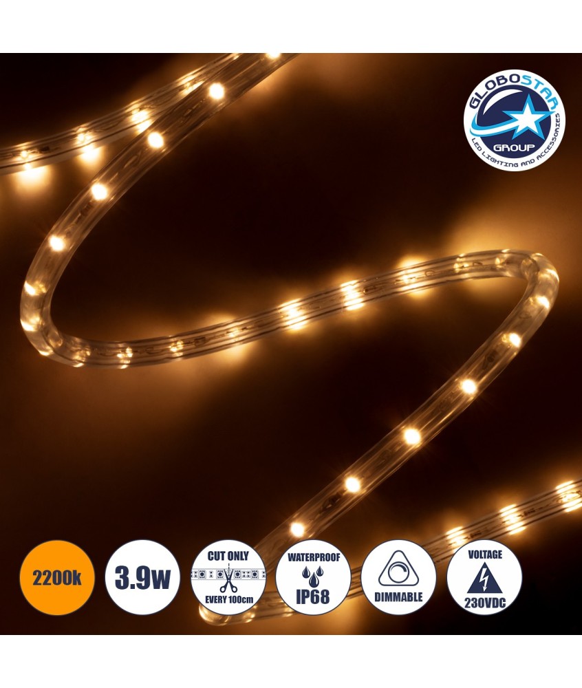 GLOBOSTAR® LIGHTUBE 70603 Φωτοσωλήνας LED 3.9W-m 137lm-m 360° DC 220-240V Αδιάβροχο IP65 36 x Diode Chip-m Ultra Θερμό Λευκό 2200K Dimmable - Μ100 x Π1.2 x Υ1.2cm - 2 Χρόνια Εγγύηση